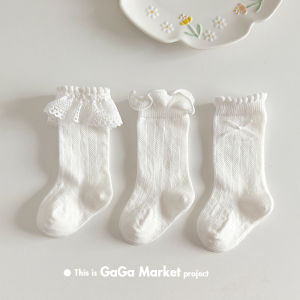 ถุงเท้าเด็กผ้าฝ้ายลายลูกไม้สีขาวบางระบายอากาศได้ดีสำหรับฤดูใบไม้ผลิและฤดูร้อน ถุงเท้าข้อสูงป้องกันยุงสำหรับเด็กผู้หญิง