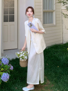 Elegant French Style Womens Suit Set Summer 2025 Thin Short Sleeve Satin Half Skirt Lightweight Maturity Two-Piece Set