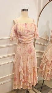 Aliciacouture - Tiphane Summer Dress - Midi Dress Off Shoulder Pink Ruffle Floral Fairy - Vintage