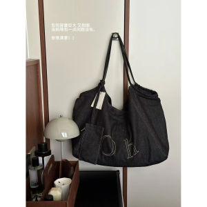 Korean Retro Denim Letter Shoulder Bag Womens Large Capacity Commuter Armpit Mommy Bag Fashionable Tote Handbag for Daily Use