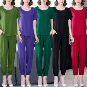 ชุดสองชิ้นผ้าไหมคอตตอนสีพื้นสำหรับคุณแม่สาวๆ ชุดฤดูร้อนใหม่ แฟชั่นสวมใส่กลางแจ้ง กระโปรงสั้นผ้าฝ้ายเทียม ชุดทำงานสำหรับผู้หญิง