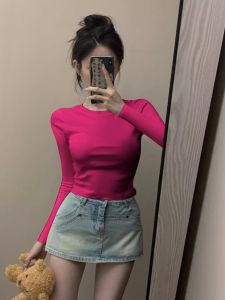 Dopamine Fruit Red Basic Cotton Womens Slim Fit T-Shirt Simple Early Autumn Top Pure Color Casual Sweet Cool Style Tee