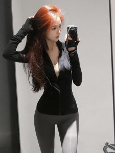 Womens Summer New Ice Silk Yoga Clothes Tight Stand Collar UV Protection Outerwear Slim Fit Long Sleeve Short Length Zipper