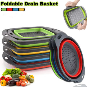 1/2PCS Foldable Dish Drainer Square Silicone Fruit Vegetable Washing Basket with Handle Multi-use Colander Kitchen Drainer