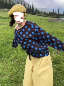 เสื้อยืดแขนยาวลายจุดสีน้ำเงิน ทรงหลวม ทรงหลวม สำหรับผู้หญิง เสื้อตัวบนทรงเข้ารูป ทรงเข้ารูป ฤดูใบไม้ร่วง 2025 เสื้อแฟชั่นใหม่