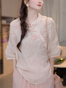 Shalldoer | Retro Artistic High Craft Embroidery Shirt Womens Thin Breathable Stand Collar Top Button Round Neck Short Sleeve Casual Style