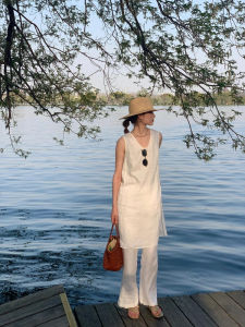 Ladies Casual Loose Waist-Cinching Sleeveless Split Dress High Waist Wide Leg Pants Set Fashionable Comfortable Spring Outfit