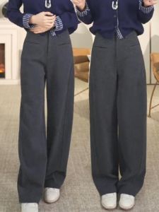 กางเกงขายาวทรงหลวมผ้าอะซิเตทสูตรผสมขนแกะสำหรับผู้หญิง ทรงหลวม อบอุ่น ฤดูใบไม้ร่วง 2024 กางเกงขายาวทรงตรง