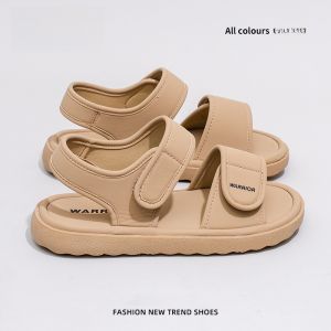 Warrior | Casual Flat Sandals Womens Summer New Kaki Slippers Outdoor Wear Magic Tape Beach Shoes Breathable Synthetic Leather Slip-On