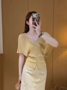 DUOFEIYAN | French V-Neck Yellow Batwing Stitch Knit Blouse Summer Lightweight
