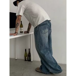 Blue Washed American Retro Mens Jeans Loose Wide Leg Casual Long Trousers Youth Fashion Wear Resistant Straight Cut
