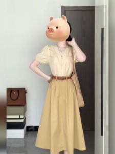 Xzy Slightly Oversized Girls French Style Retro V-neck Crocheted Cut Out Shirt for Women Summer Temperament High Waist Mid-Length Dress Set