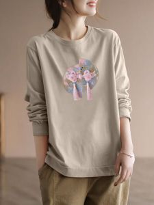 พลัสไซส์ ผู้หญิง ลำลอง ผ้าฝ้าย เสื้อยืดแขนยาว ศิลปะ สีทึบสบาย หลวม Fit เสื้อท่อนบน สําหรับ ฤดูใบไม้ร่วง Season