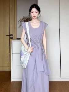 Ge·an·fei | Graceful Purple U-Neck Pinched Waist Dress
