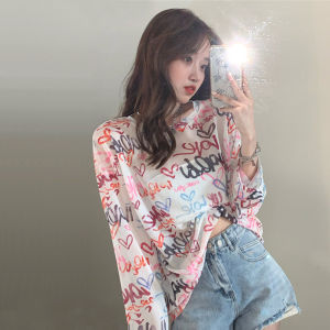 Áo Thun Dài Tay Mùa Hè Cho Nữ Dáng Rộng Mỏng Chống Nắng Lót Lưới Thời Trang Thường Ngày Cổ Tròn in Họa Tiết Phong Cách Hàn Quốc