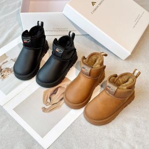 Childrens Winter Snow Boots Thickened Fleece Waterproof Anti-slip Leather Surface Boys Girls Short Boots Casual Style PU Material