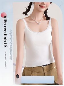 MiiOW | Áo ba lỗ ren hoa màu trắng cho nữ Áo vest một mảnh có đệm ngực Thiết kế lưng đẹp Áo chui đầu cotton thường ngày mùa thu