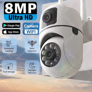 8MP HD Wifi Surveillance PTZ Camera Pan&Tilt Dual Lens Dual Screen Cam AI Auto Tracking IP Security Protection Camera CCTV Video