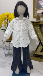 Setelan Alana Katun Plisket Untuk Anak Perempuan Umur 3-12 Tahun | Baju Atasan Kemeja Lengan Panjang Serut Motif Full Kombinasi Krah Rempel Brukat Full Kancing Kombinasi Celana Jeans Denim Washing Model Cutbray Belah