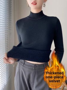 เสื้อสเวตเตอร์คอปกสูงแบบหนาสำหรับผู้หญิงในฤดูใบไม้ร่วงและฤดูหนาว เสื้อชั้นในถักแบบหนา ทรงสลิมฟิต เสื้อเชิ้ตถักแบบสวมหัว