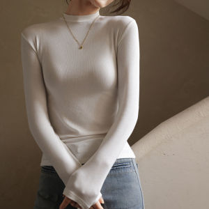 เสื้อตัวในลายเกลียวคอตั้งเล็กสีขาวยืดหยุ่นสำหรับผู้หญิงเสื้อตัวในเข้ารูปใส่ด้านในสำหรับฤดูใบไม้ร่วงและฤดูหนาวเสื้อยืดแขนยาวใส่แล้วดูผอมเพรียว