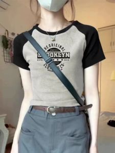 Shoulder Insert Short Sleeve T-Shirt Women Short Style Summer Letter Print Thin High Waist Slimming European Cotton Pure Cotton Top Trendy