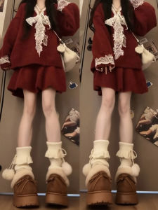 XUECAIQI | Stylish Lace Collar Loose Sweater and Mini Skirt Suit