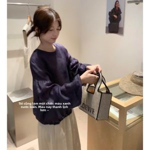 YUEZHONGWEI | Áo sơ mi nữ tay dài màu hồng cổ tròn kiểu Pháp chống nắng mùa hè thiết kế áo cánh tay đèn lồng cao cấp cảm giác áo cánh tay dài