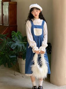 Deep Blue Magazine Lace Trim Bib Overalls Womens Loose Slimming Long Dress Spring Season Solid Color No Sleeve Midi Dress