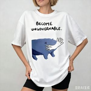 Sanrio | Become Ungovernable Hippo T-Shirt Moo Deng Design Funny Animal Graphic Tee Rebellious Meme Humor T Shirt Short Sleeve Top