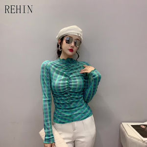 REHIN Womens top Autumn new fashion mesh blue plaid long-sleeved T-shirt slim and thin round neck S-3XL bottoming blouse