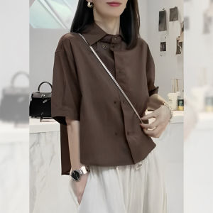 PAIBOLI | Café Brown Short Sleeve Polo Collar Double Button Casual Shirt Women Summer New Style Pure Color Versatile Leisure Top Trendy Women