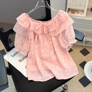 LANQIONG | Sweet and Ethereal Ruffle Off-Shoulder Blouse Pink