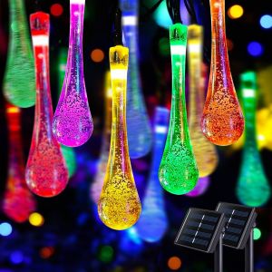 Outdoor Solar String Lights 16 Feet 20 Led  / 21 Feet 30 Led / 23 Feet 50 Led Water Drop Solar Powered Lights with 2 Modes Waterproof Fairy Crystal Lights for Patio Garden Yard Tree Wedding Party Decor （Warm White / colorful）