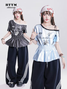 Áo Thun Nữ Tay Ngắn Thắt Lưng Kẻ Sọc Phong Cách Mỹ Mùa Hè Bó Sát Thời Trang Thường Ngày Cổ Chữ V in Họa Tiết