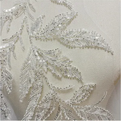 1Pc Silvery Lace Floral Beaded Rhinestones Crystals Appliques Patches DIY Sewing Wedding Dress Accessories Patch 25*40CM