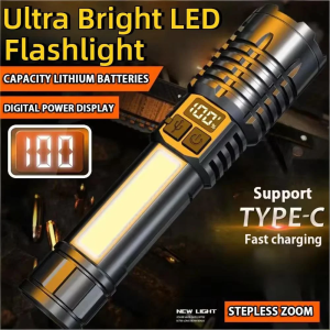 Portable Rechargeable High Power LED Flashlights With Display Screen Zoom Tactical Torch Lamp with Emergency Side Lights Lantern