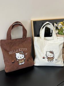 Embroidered Kitty Corduroy Handbag Cute Large Capacity Versatile Work Bag Mommy Bag for Outings Soft Handle Korean Style Square Bag