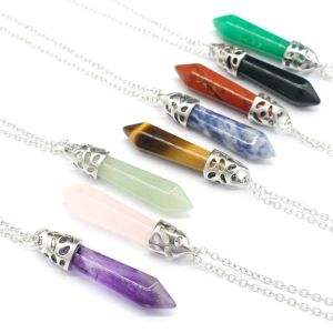 ZVUV80394 ของขวัญสำหรับผู้หญิงผู้ชาย อเมทิสต์ สีเขียว Aventurine ลาพิสลาซูลี สร้อยคอหินบำบัดพลังงาน จี้หินธรรมชาติ โรสควอตซ์ สร้อยคอคริสตัลหกเหลี่ยม