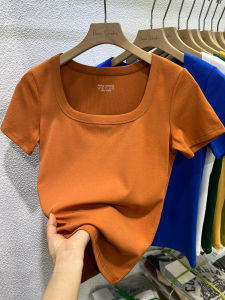 Slim Fit Square Collar Short Sleeve T-Shirt Womens Basic Style Pure Color Cotton Top for Summer Commute Classic Pattern