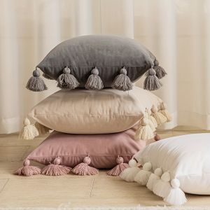 1pc Cute Boho Style Decorative Throw Pillow Cover With Handmade10 TasselsSoft Velvet Solid Color Square Cushion Cover For Home