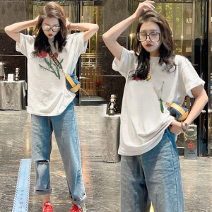 White Short Sleeve T-Shirt Womens Loose Mid-Length Spring Autumn Inner Wear Base Shirt Top Fashionable Printed Korean Style Commute Classic Cotton Summer