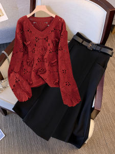 Red Knitted Sweater And Mini Skirt Set plus Size Slimming Meat Covering High End Feel Spring Autumn Wear V Neck Long Sleeve