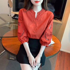 YIGE Heavy Industry Embroidered Top Korean Bubble Split Sleeve Shirt 2023 Summer New Beautiful White Blouse
