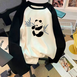 Chinese Fad Panda Printing Men Long Sleeves T-Shirt Patchwork Contrast Color Couples Tops Pure Cotton Loose Spring and Autumn Bottoming Shirt