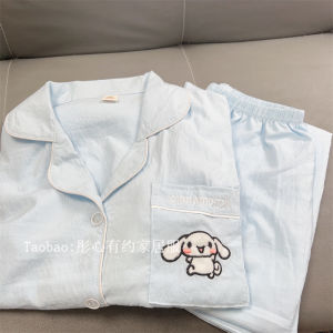 Pure ผ้าฝ้าย Thin ฤดูร้อน ชุดนอนแบบสั้น แขนเสื้อ และ กางเกงขายาว น่ารัก การ์ตูน งานปัก สําหรับนักเรียนหญิงสวมใส่ในบ้าน