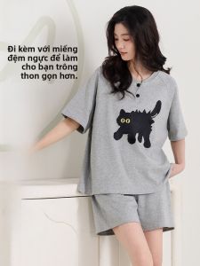 MiiOW | Bộ đồ ngủ cotton nguyên chất MiiOW dành cho nữ mùa hè có đệm ngực bộ đồ ngủ cotton thoáng khí rộng rãi dễ thương có thể mặc ở nhà và ngoài trời