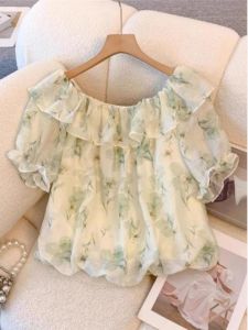 เสื้อเชิ้ตผ้าชีฟองลายดอกไม้สไตล์ฝรั่งเศสไซส์ใหญ่ แขนพอง ปกปิดหน้าท้อง ทรงหลวม แขนสั้น ผ้าฝ้ายผสม