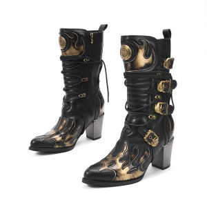 Giày Cao Bồi Kiểu Punk Gót Dày Cao Đến Giữa Bắp Chân Kiểu Lính Lính Dành Cho Nam Nữ Có Khóa Kéo Lót Nỉ Phong Cách Punk Kiểu Giày Đi Xe Máy