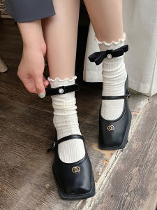 Japanese Cute Lace Socks Womens Tube Socks Easiest for Match Vertical Stripes Bows Bunching Socks JK Sweet Black and White Cotton Socks